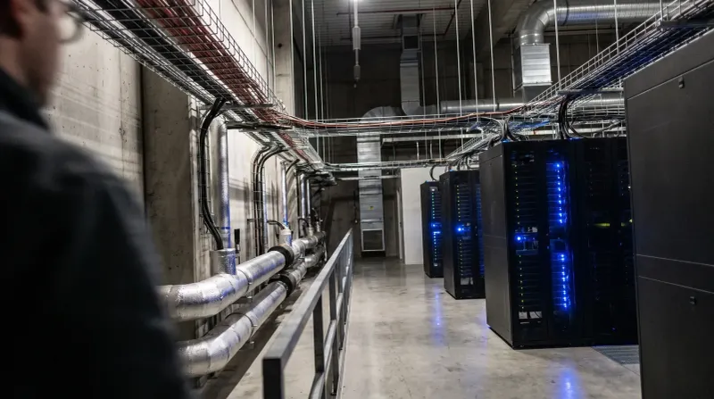 Datacenterruimte met serverkasten en blauwe LED-verlichting, gekoelde leidingen langs betonwand