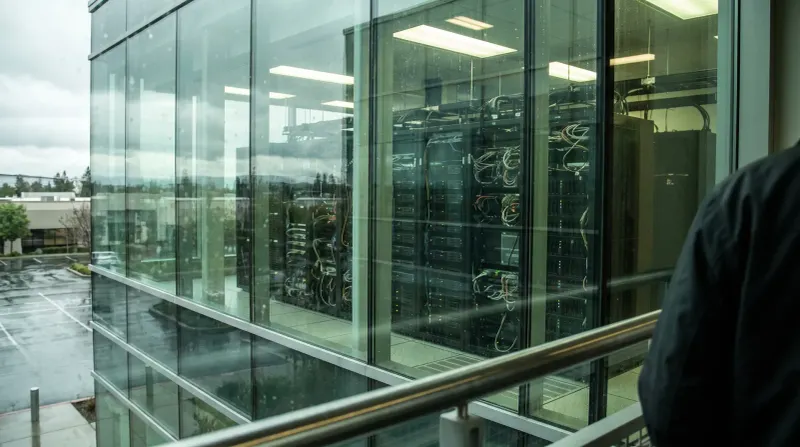 Glazen kantoorgebouw met zichtbare serverracks en netwerkkabels achter ramen, landschap op achtergrond