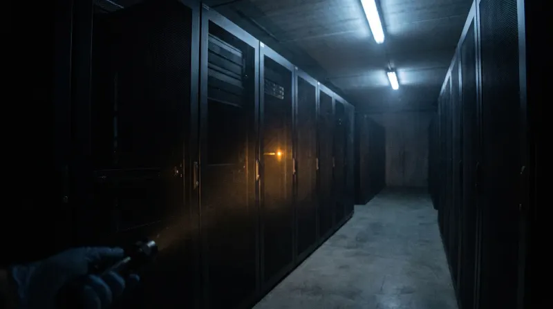 Donkere serverruimte met zwarte racks langs beide zijden, fluorescente verlichting aan plafond, geel waarschuwingslicht zichtbaar.