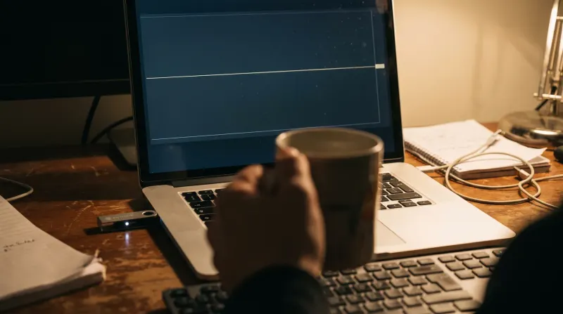 Werkbureau met laptop, toetsenbord, koffiekopje en documenten in warm lampicht