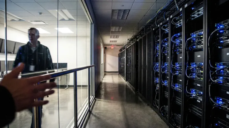 Datacentrum gang met server racks en blauwe LED-verlichting, persoon achter glas aan het werk