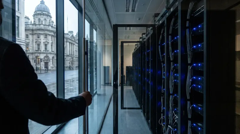 Persoon in serverruimte met blauwe LED-indicator racks, uitzicht op historisch Londense gebouw met koepeldak