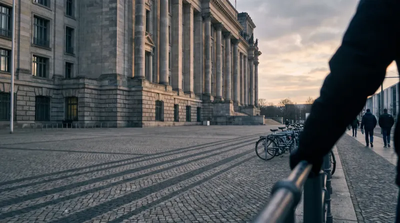 Klassiek stenen regeringsgebouw met zuilen aan plein met fietsenstalling, voetgangers in afstand