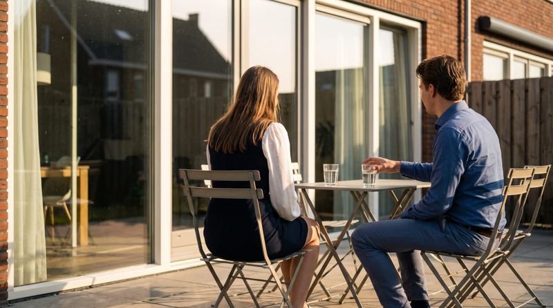 Persoon aan houten tafel kijkt naar documenten, koffiekopje en bloempot op vensterbank