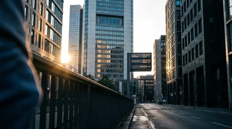 Verlaten stadsstraat tussen wolkenkrabbers bij zonsopgang, digital klok toont tijd, warm licht