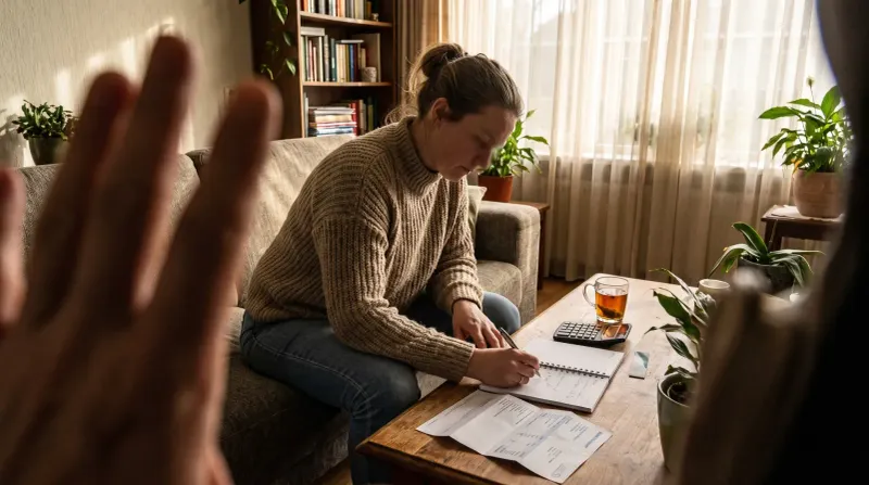 Vrouw aan tafel schrijvend in notitieboek, financiële documenten, rekenmachine en drank zichtbaar