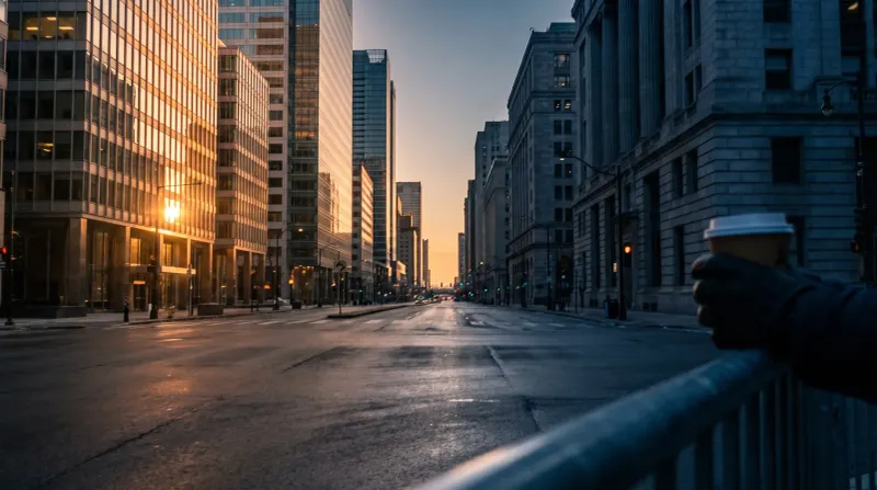 Verlaten stadstraat met kantoorgebouwen bij zonsopgang, gouden licht op glazen gevels
