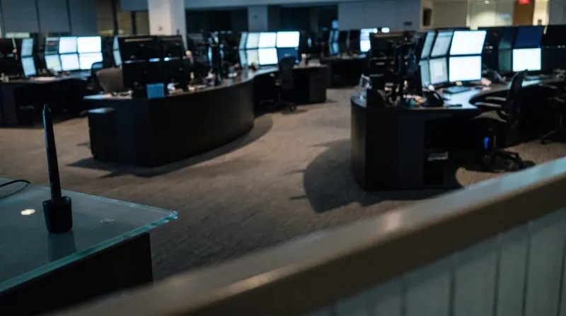 Moderne computerworkstations met meerdere monitoren in groot openplan kantoor, zakelijke setting