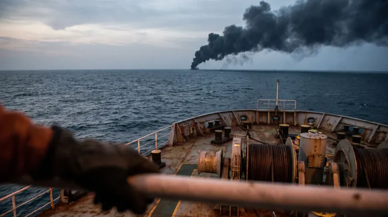 Olietanker in brand op zee gezien vanaf ander schip, donkere rookpluim tegen grijze lucht