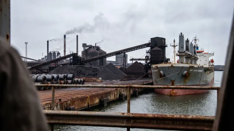 Industriële haven met vrachtschip, opslagtanks, kranen en rookkolommen uit fabrieksschouwen