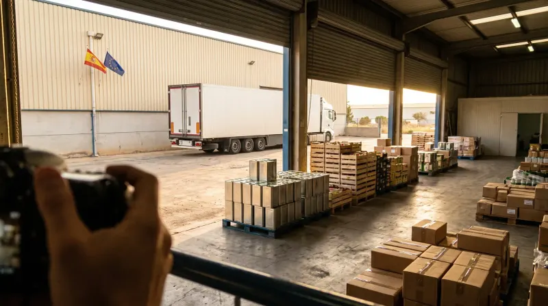 Magazijn met kartonnen dozen en pallets, vrachtwagen buiten, Spaanse en Europese vlaggen zichtbaar