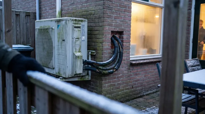 Warmtepomp-buitenunit tegen bakstenen muur met zwarte aansluitingen, achtertuin bij schemerdonker