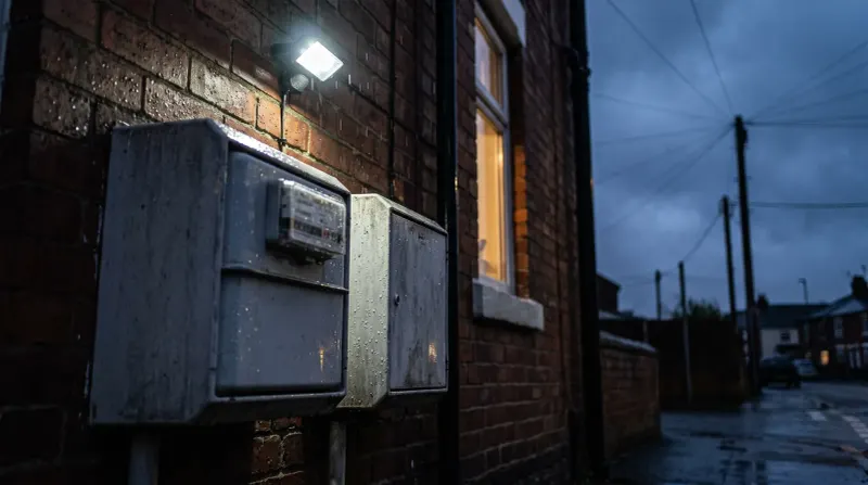 Natte steeg met oude elektriciteitsmeters op bakstenen muur onder LED-buitenlamp, avondschemering