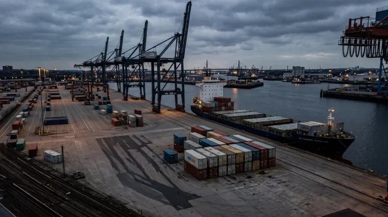 Containerterminal met laadkranen, stapels containers en vrachtschip bij schemering