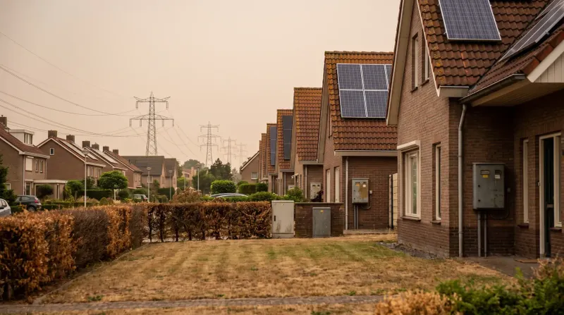 Rij van moderne bakstenen huizen met zonnepanelen op daken, elektriciteitsmasten op achtergrond