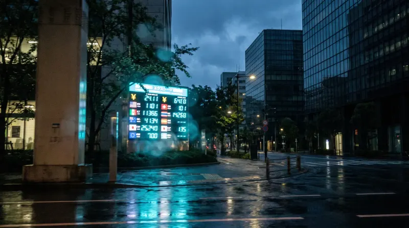 Natte straatscène in financieel district met verlicht valutatragebord en moderne gebouwen in schemering.