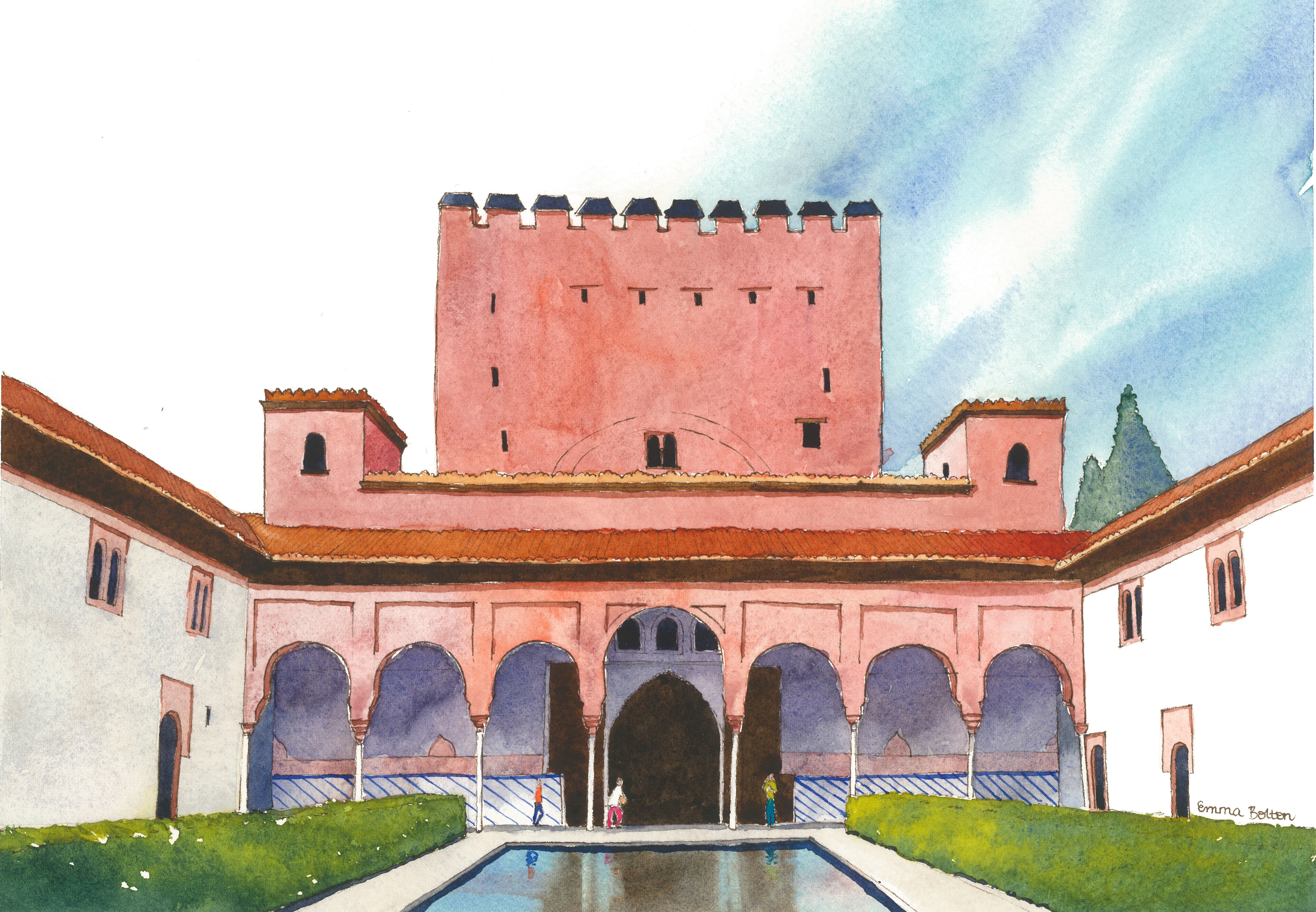 Bright watercolour painting of the Court of the Pool at the Alhambra, Granada by Emma Bolton.