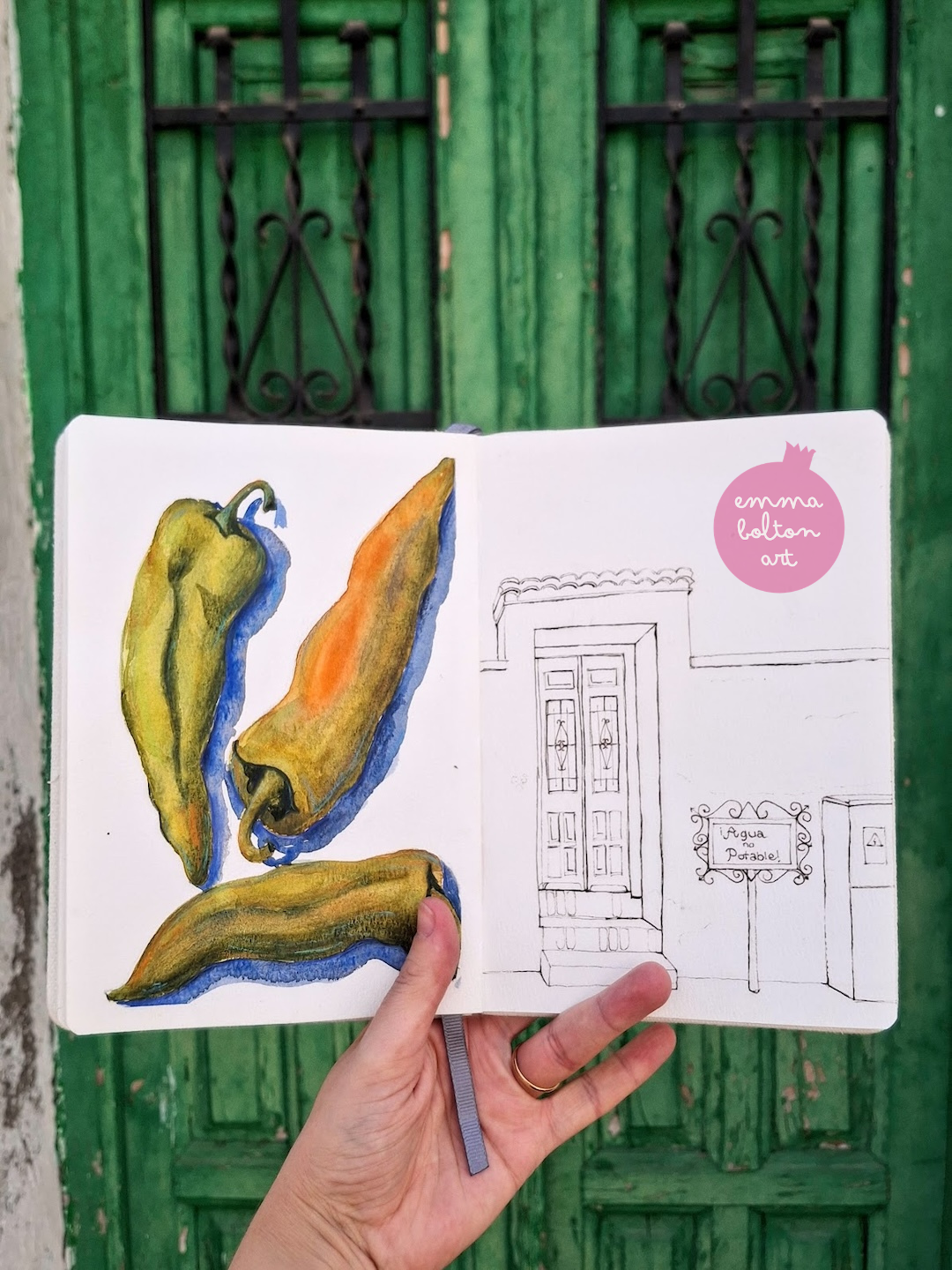 A sketchbook with a watercolour sketch of three green peppers and a fineliner sketch of a wooden door next to a sign that says "Agua no Potable!" held up in front of the green wooden door. Emma Bolton Art.