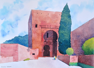Whimsical watercolour painting of a large stone gate with pink tones and purple shadows. Two tiny people stand in front of the gate, which is framed by greenery.