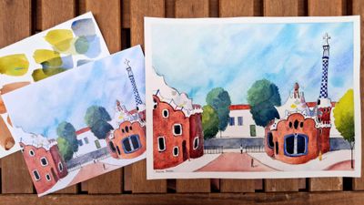 Watercolour painting of the entrance to Parc Güell in Barcelona by emma bolton, the corresponding print, and colour swatches. 