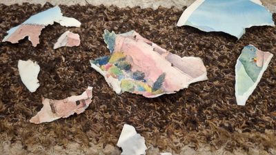 Ripped up pieces of a watercolour painting showing parts of a pink castle, a blue sky and a garden are scattered on a brown cotton carpet. 