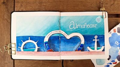 Watercolour sketch of white, nautical-themed monuments in front of the beach at Almuñecar. The middle one is shaped like a heart and says, "Disfruta de nuestro eterno verano".