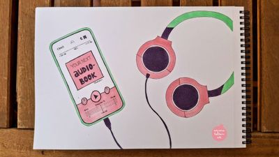 Alcohol-marker sketch by Emma Bolton of a mobile phone and headphones in pink, green and dark purple. The phone is playing "Your next audiobook".
