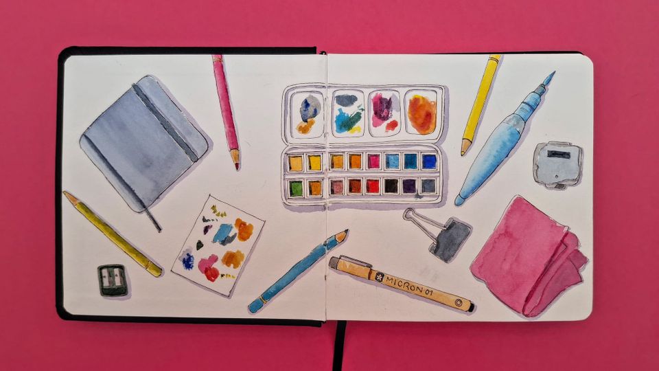 Watercolour sketch of various sketching materials, including a sketchbook, watercolour palette, water brush and microfibre cloth on a dark pink background. 