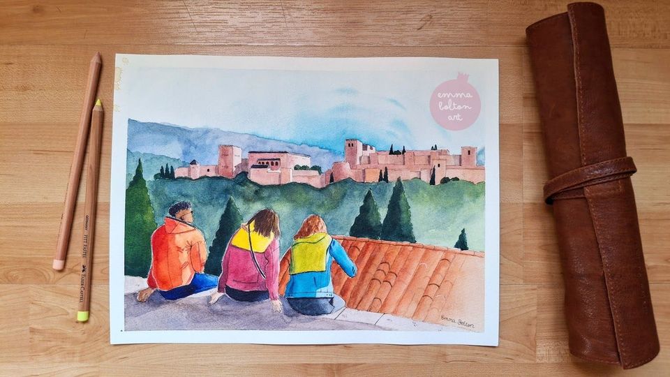 Watercolour painting of three people sitting on the edge of a grey wall looking over a terracotta roof to the Alhambra and Sierra Nevada by Emma Bolton. 