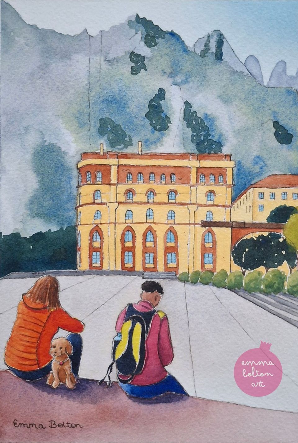 Watercolour painting of two tourists with their backs to the viewer, and their dog, at Montserrat in Spain by emma bolton. 