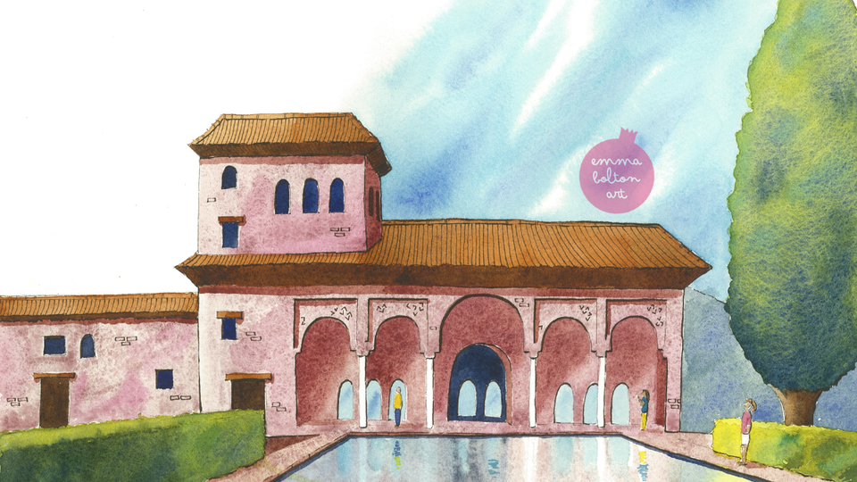 Watercolour sketch of El Partal at the Alhambra palace, Granada by Emma Bolton. 