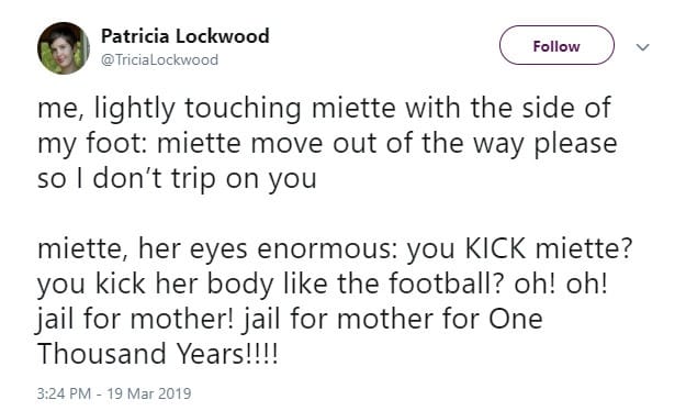 The tweet, by Patricia Lockwood, reads: me, lightly touching miette with the side of my foot: miette move out of the way please so I don’t trip on you miette, her eyes enormous: you KICK miette? you kick her body like the football? oh! oh! jail for mother! jail for mother for One Thousand Years!!!!