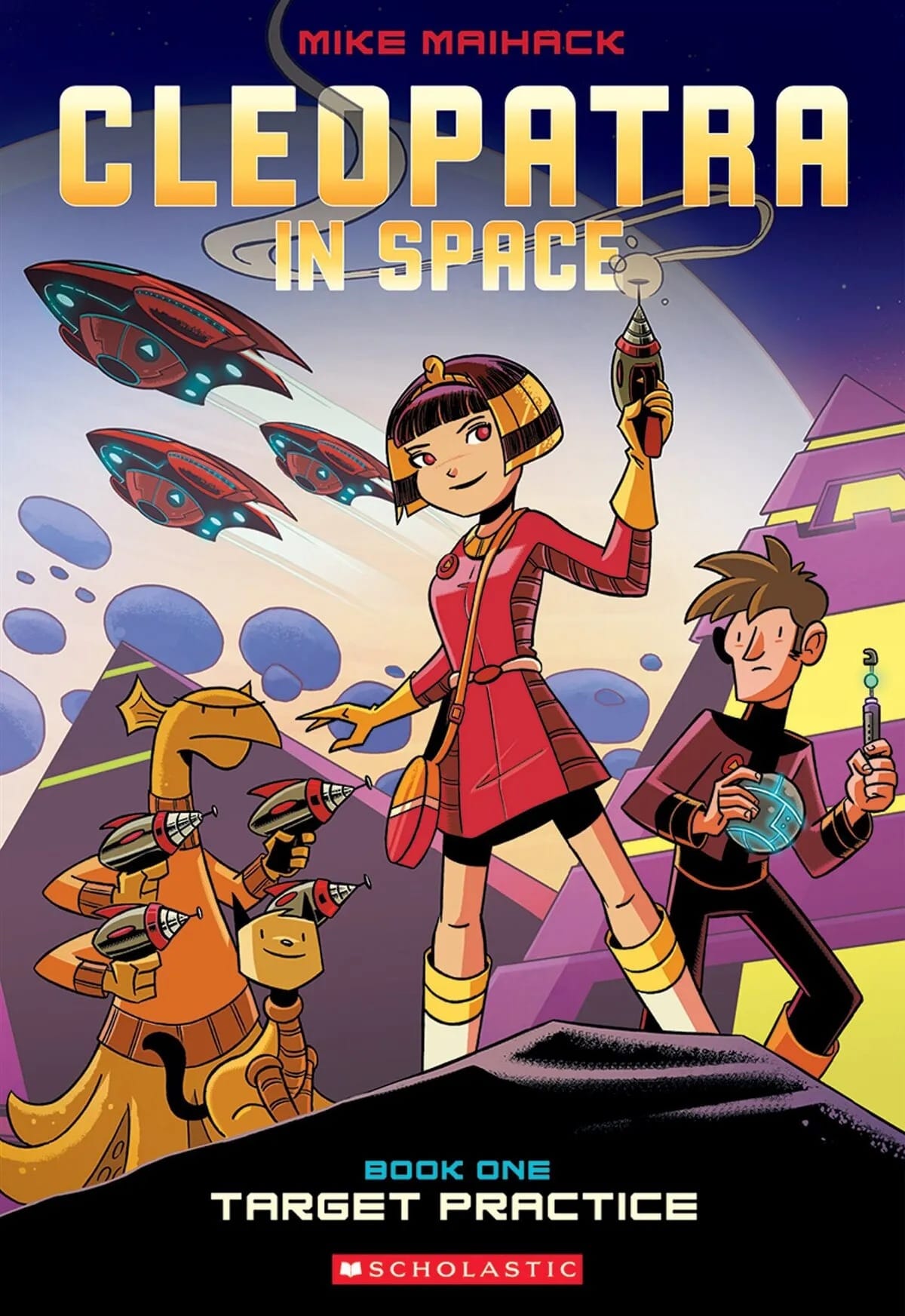 The cover of Cleoptra in Space Book One: Target Practice, with Cleo looking cool, holding a sci-fi raygun-like weapon over her head.