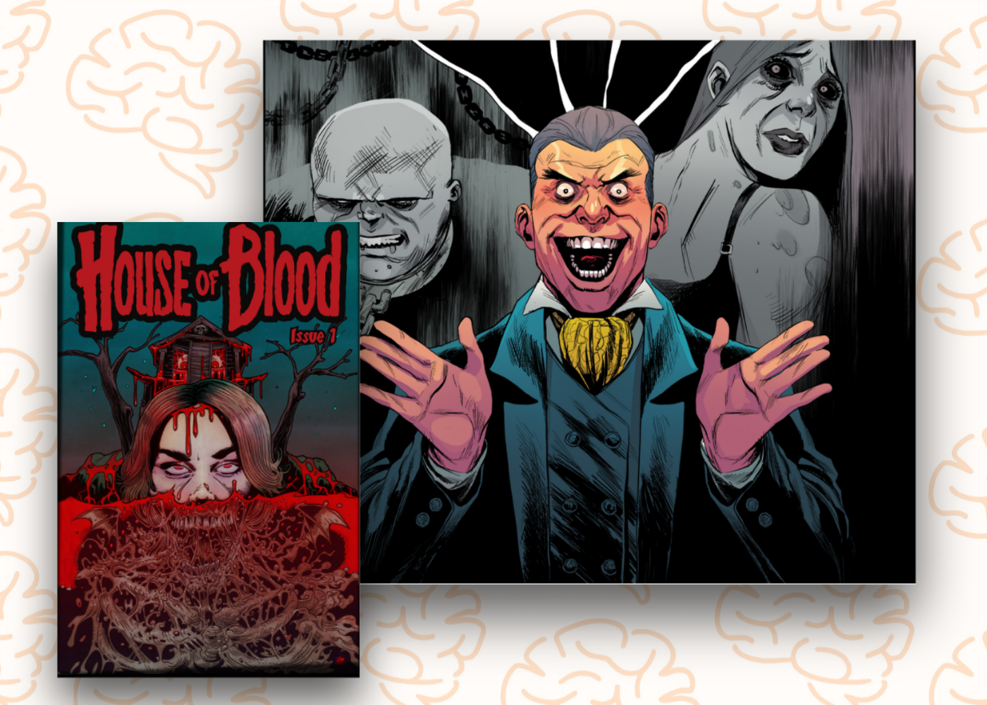 Cover art with a bloody faced woman shown in red, as well as an interior page from the horror comic House of Blood.