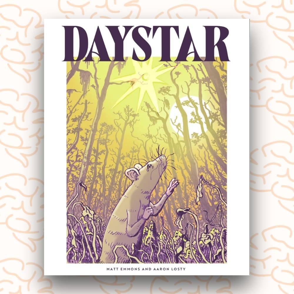 The cover for graphic novel Daystar that shows an illustration of a sad rat looking up.