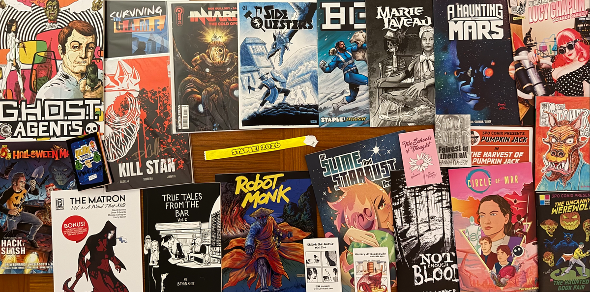 A photograph of comic book covers from independent creators from Staple! 2026.