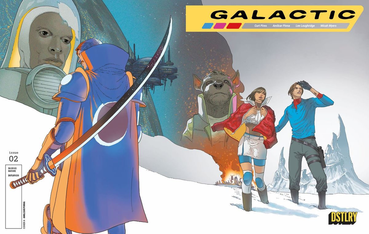 Galactic 2nd cover art shows a man & woman standing in the snow looking for a humanoid dog companion.