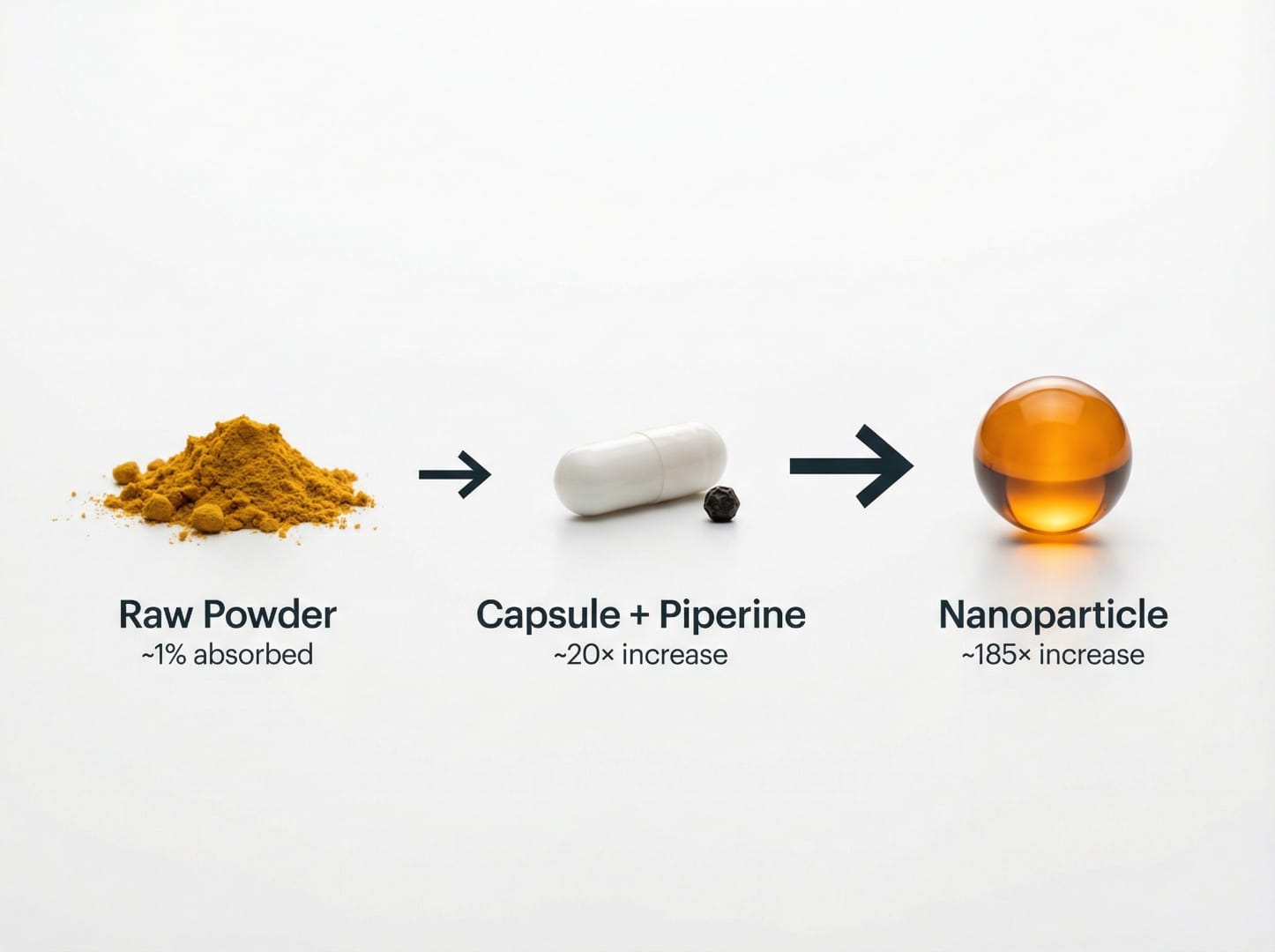 Comparison of curcumin forms: raw powder at 1% absorption, capsule with piperine at 20x increase, and nanoparticle at 185x increase