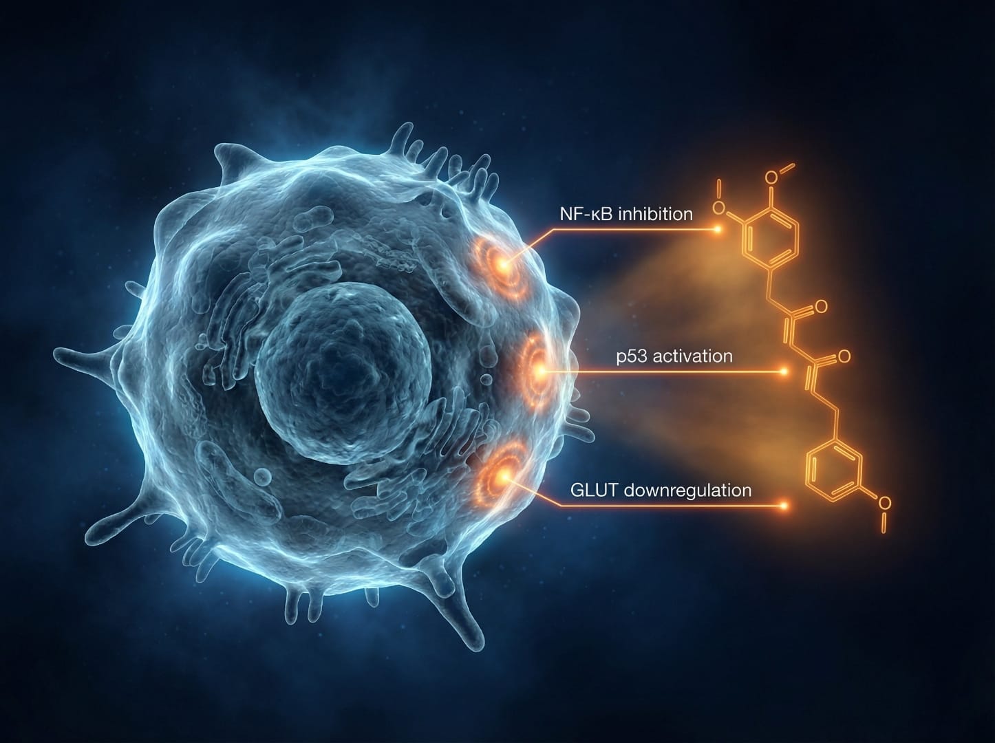 Curcumin molecule interacting with cancer cell signaling pathways including NF-κB inhibition, p53 activation, and GLUT downregulation