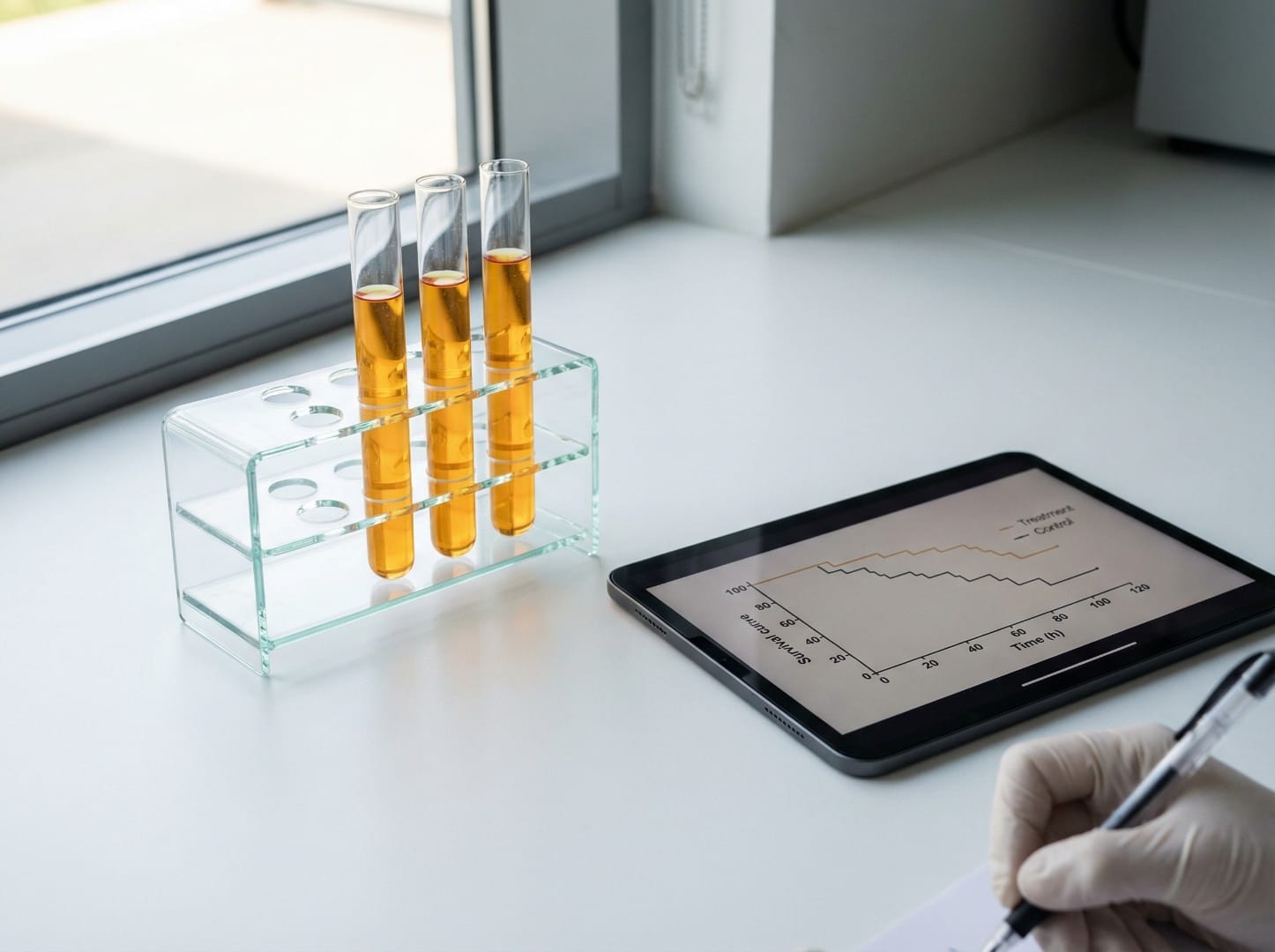 Laboratory bench with curcumin test tubes and tablet displaying patient survival curves