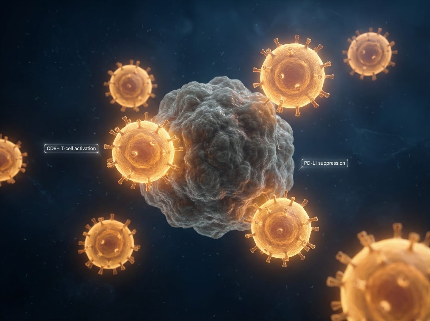 CD8+ T-cells with orange glow attacking a tumor cell, showing PD-L1 suppression