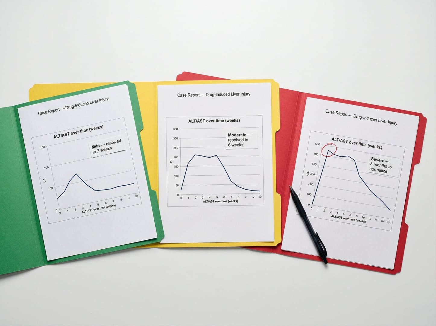 Three case reports of drug-induced liver injury showing ALT/AST levels over time: mild resolved in 2 weeks, moderate in 6 weeks, severe in 3 months