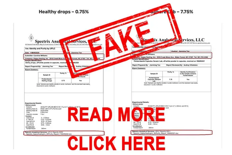 Happy Healing Store forged Spectrix lab reports stamped FAKE, assigning Healthy Drops 0.75% and Sanare Lab 7.75% fenbendazole purity