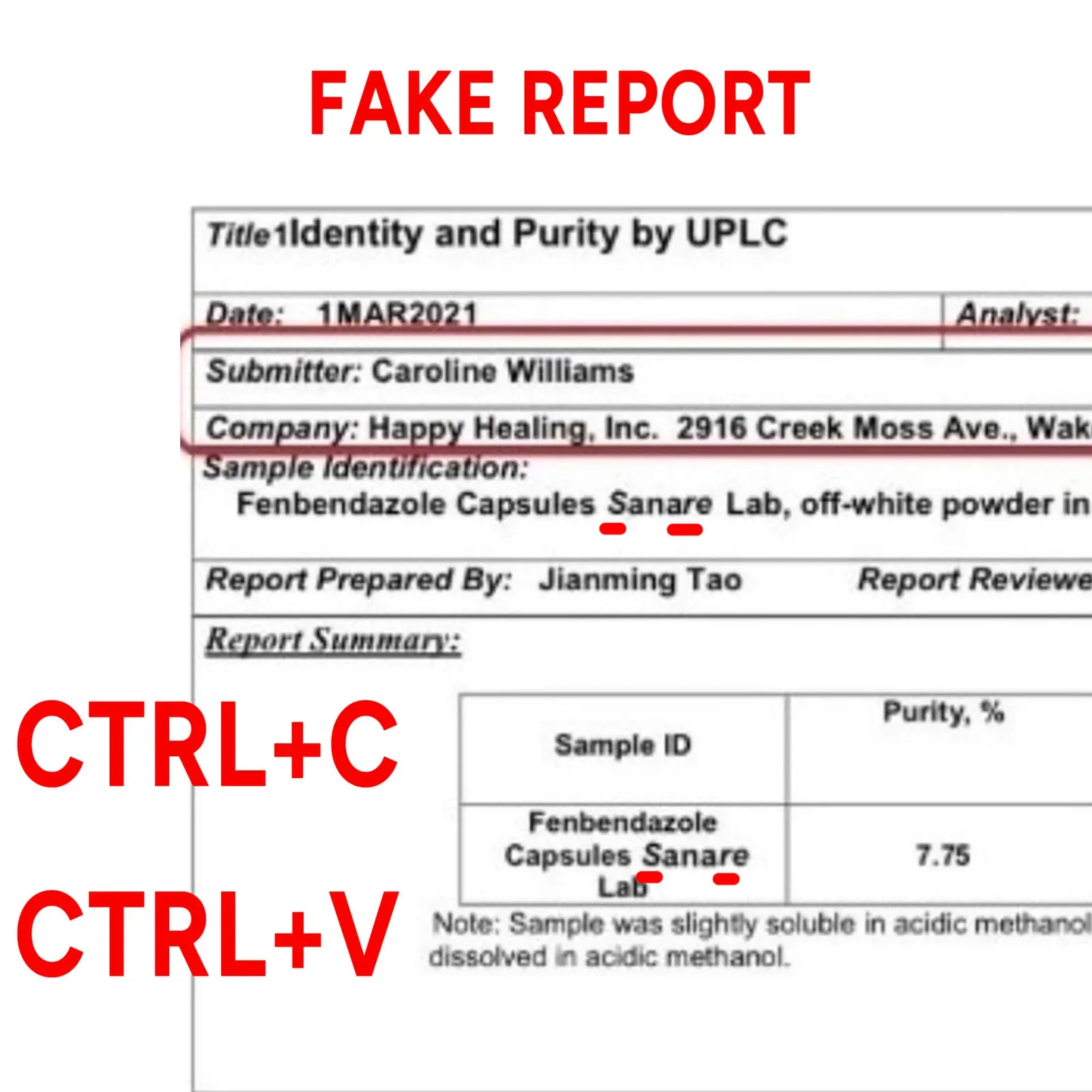 Happy Healing forged lab report with copy-pasted Sample Identification and Sample ID fields, including matching italics