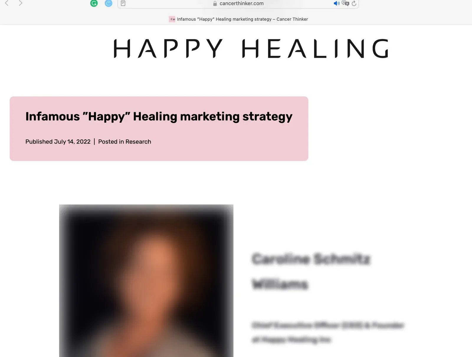 Screenshot of the Happy Healing marketing strategy article on cancerthinker.com published July 2022