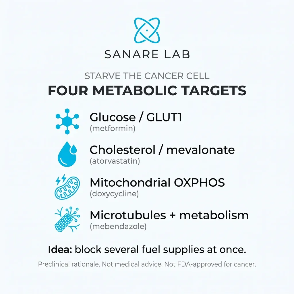 The four metabolic targets of COC: glucose GLUT1, cholesterol mevalonate, mitochondrial OXPHOS, and microtubules plus metabolism.