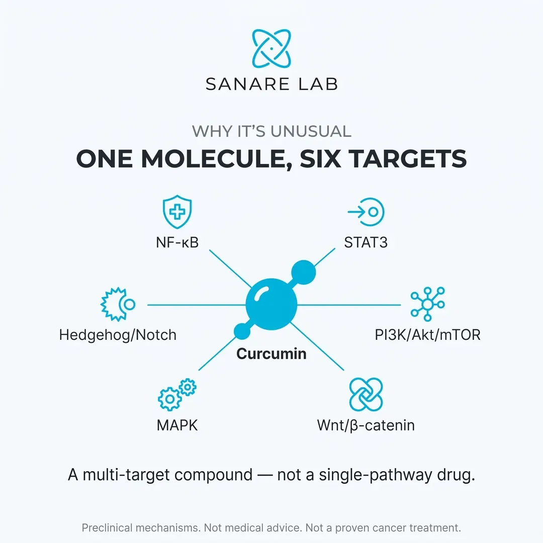 Curcumin cancer mechanisms infographic: one molecule targeting six pathways - NF-kB, STAT3, PI3K/Akt/mTOR, Wnt/beta-catenin, MAPK and Hedgehog/Notch (2026)