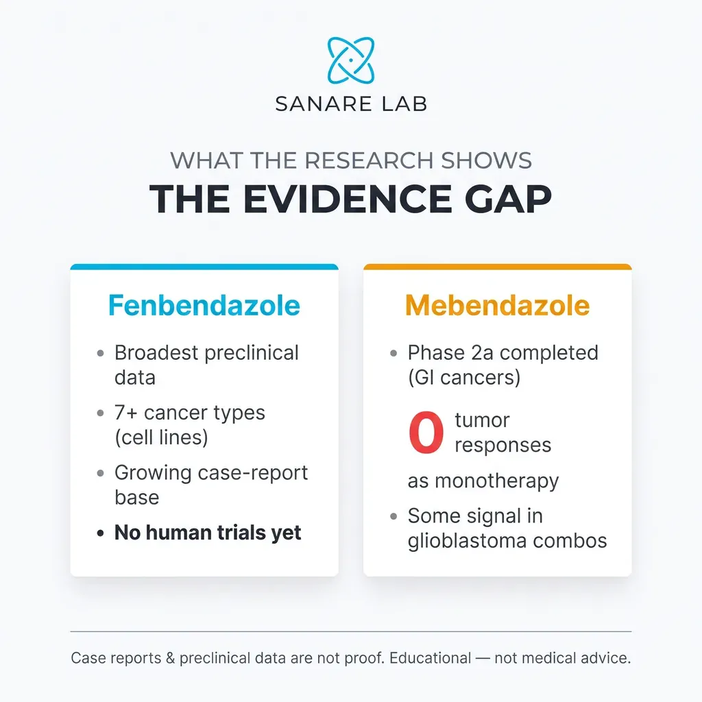 The evidence gap between fenbendazole and mebendazole for cancer: broad preclinical data and case reports versus a completed Phase 2a trial with zero monotherapy tumor responses
