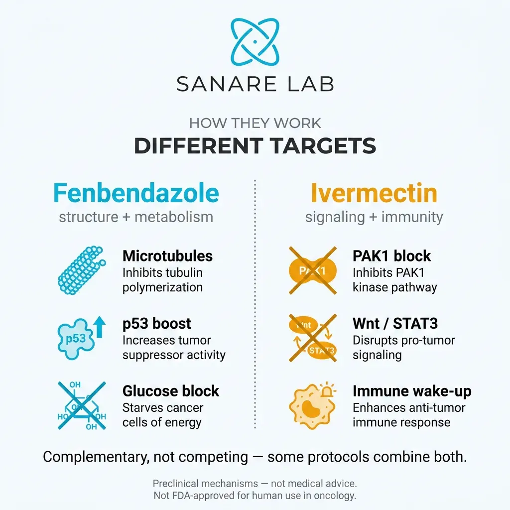 Fenbendazole vs ivermectin mechanisms of action comparison: microtubule disruption p53 glucose blocking versus PAK1 inhibition Wnt pathway immune response