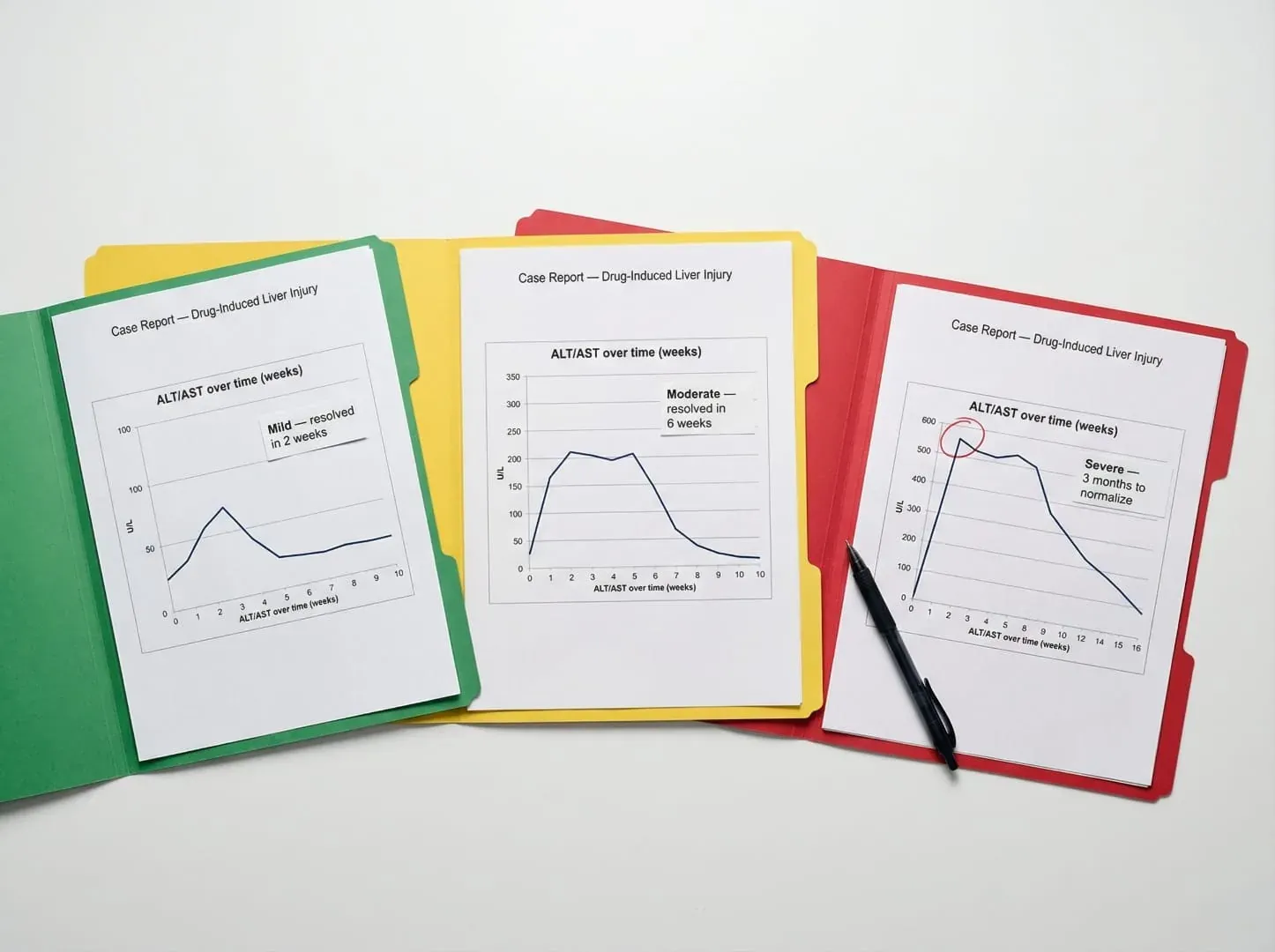 Three case reports of drug-induced liver injury showing ALT/AST levels over time: mild resolved in 2 weeks, moderate in 6 weeks, severe in 3 months